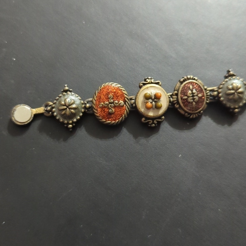 Vintage Gold Tone Orange Cream Enamel Sparkle Magnetic Clasp Statement Bracelet - Picture 2 of 6